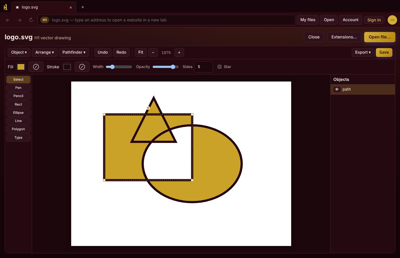 H1's design editor with shapes merged into one using the Pathfinder menu.