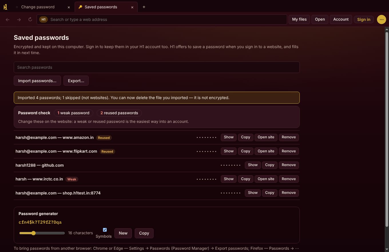 H1's Saved passwords page with a password check showing 1 weak and 2 reused passwords, and a password generator.