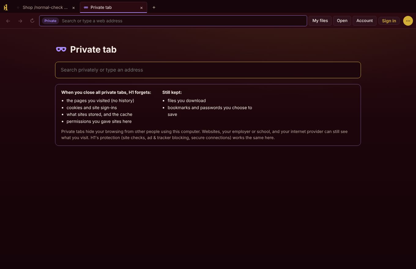 An H1 private tab explaining what H1 forgets when all private tabs are closed.