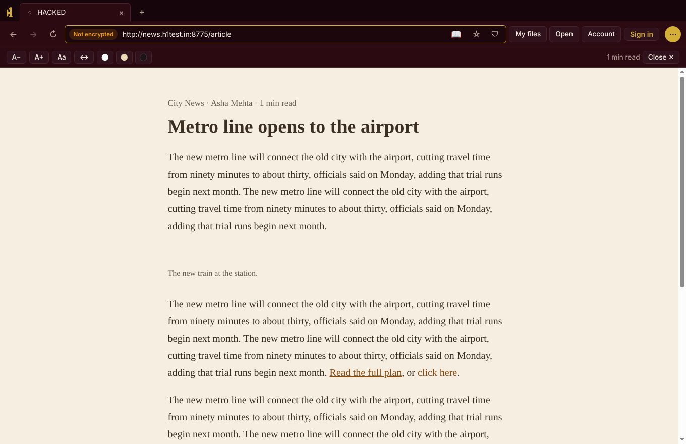 Reader mode in H1 showing a news article as clean text on a sepia page with text size and colour controls.