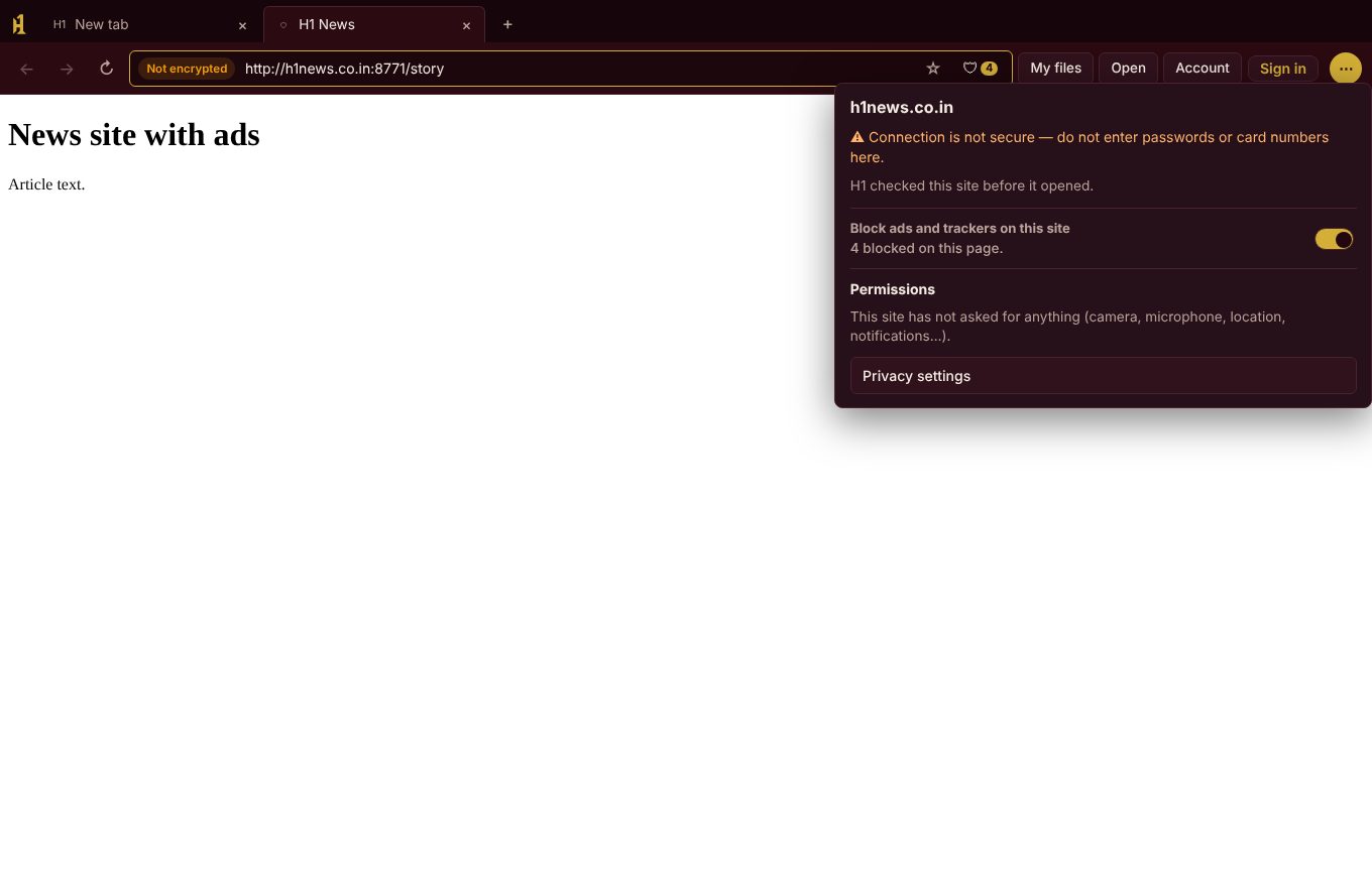The site panel in H1 showing that 4 ads and trackers were blocked on a page, with a switch to allow them for that site.